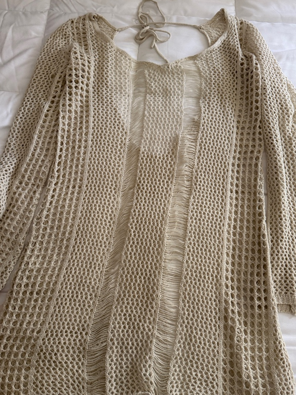 Open-Knit Tie-Back Women's Poncho in Light Beige